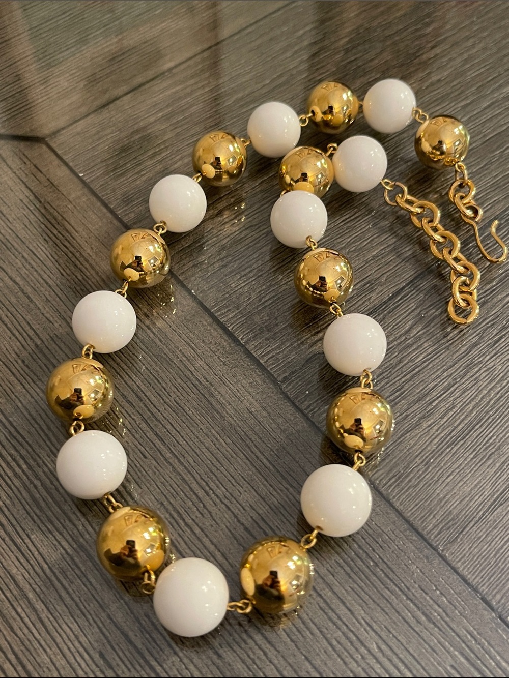 Vintage Monet Gold-Tone & White Lucite Gumball Bead Strand Statement Necklace
